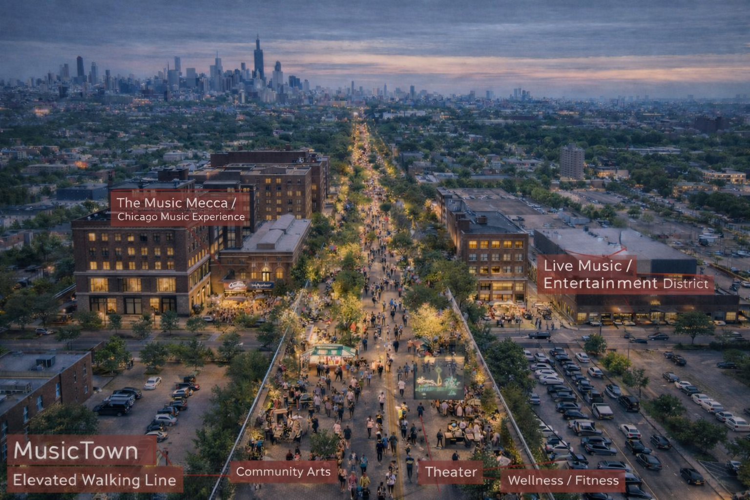 Aerial view of the MusicTown district at dusk — the Music Mecca and Live Music / Entertainment District illuminated along a vibrant civic corridor on Chicago's West Side.
